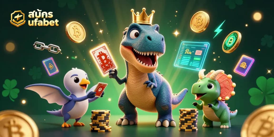 Engage in winning strategies with สมัคร ufabet as a friendly T-Rex shuffles cards surrounded by vibrant casino elements.