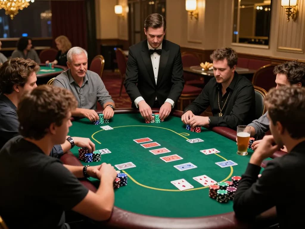 Engaged players at a poker table strategizing their bets in the kp88 casino environment.