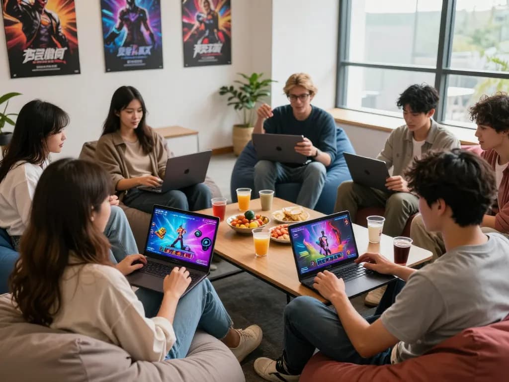 Friends enjoying porngames on laptops and tablets in a cozy lounge.