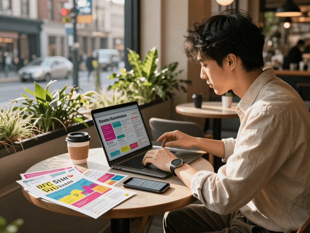 Marketing professional analyzing campaign metrics in an urban café, klik di sini for latest strategies.