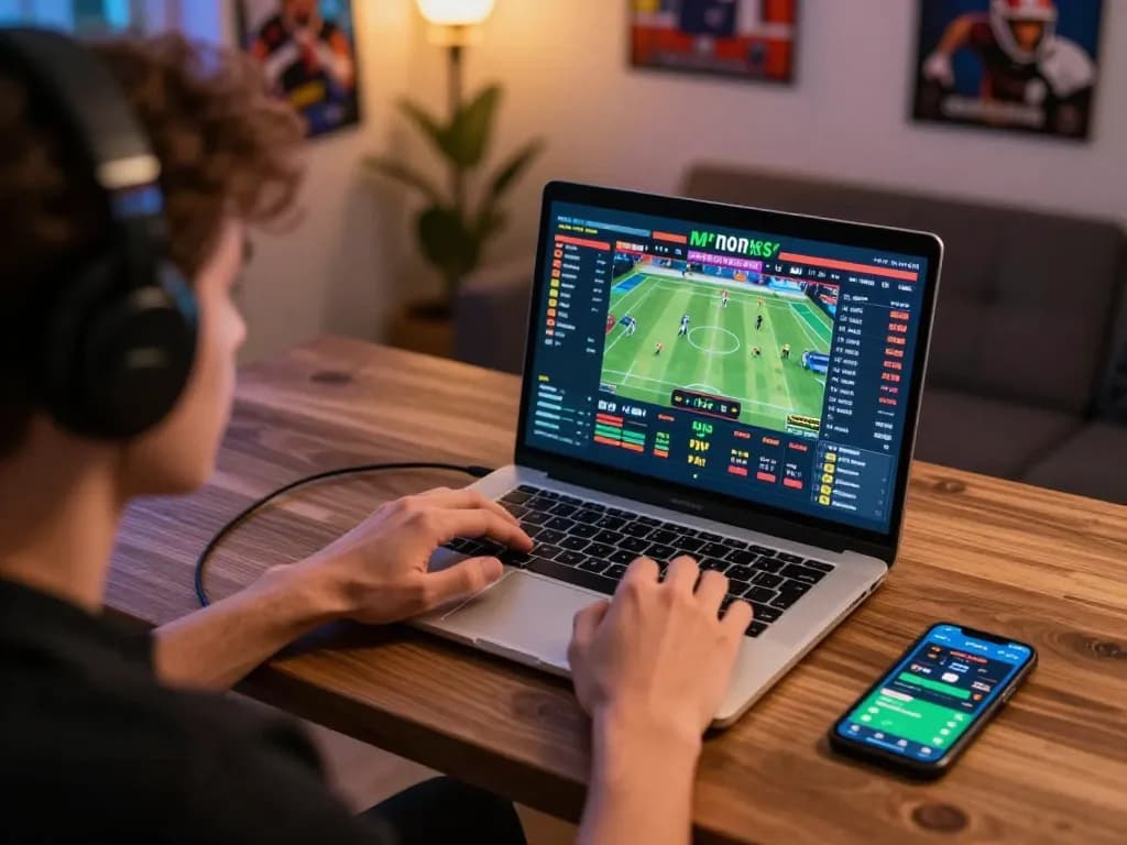 Engaging in online sports betting at smartcityhostels, analyzing live odds and games from a laptop.