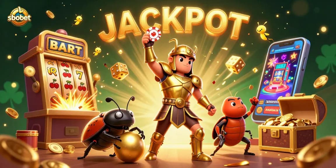 Experience sbobet's exciting jackpot thrills with a lively illustration of beetles celebrating a win.