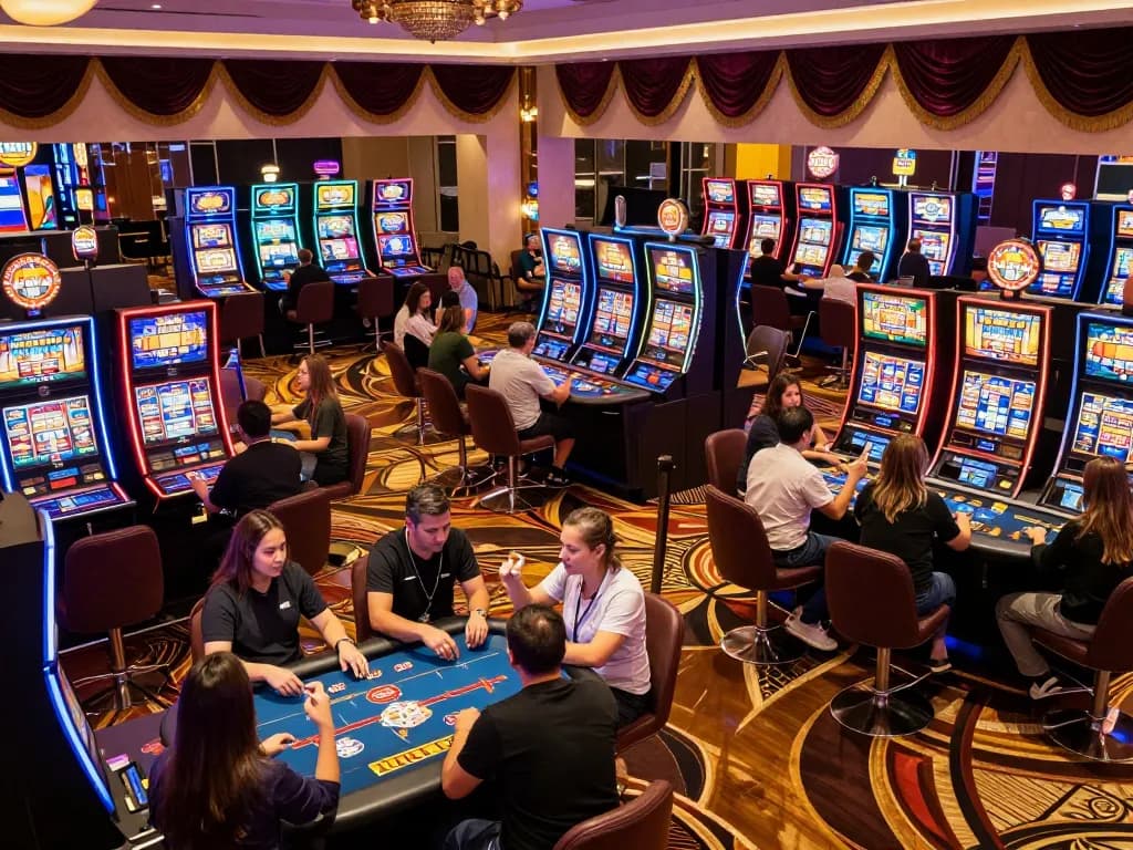 Players celebrating wins at situs gacor with colorful slot machines and engaging table games.