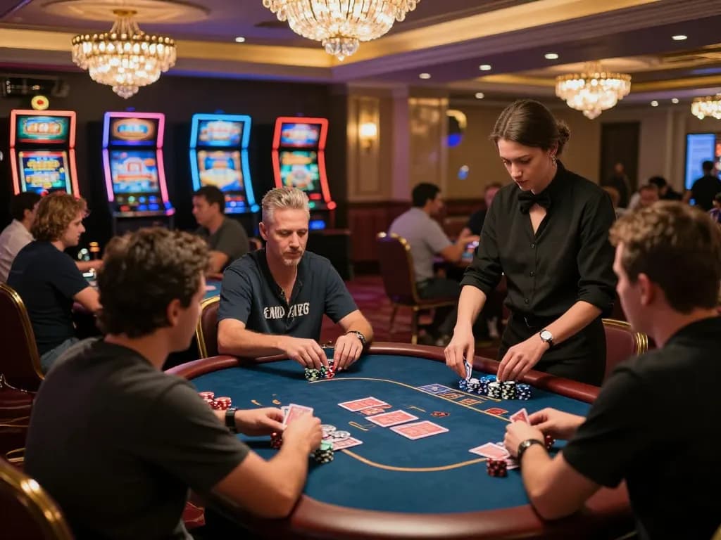 Players enjoying intense poker games at nhà cái gi8 on a luxurious casino floor with warm ambient lighting.