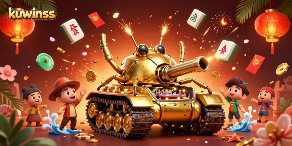 Kuwinss showcases a vibrant 3D casino scene featuring a golden beetle tank and dynamic elements for an exciting gambling experience.