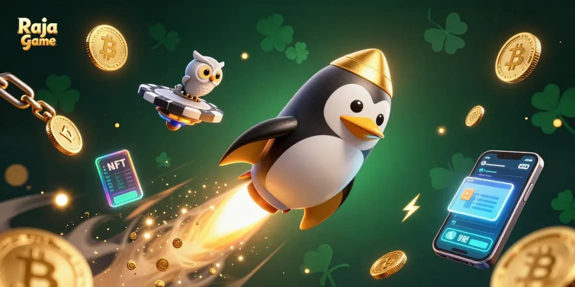 Experience big wins and the thrill of Raja Game as a golden penguin rockets through a vibrant casino galaxy.
