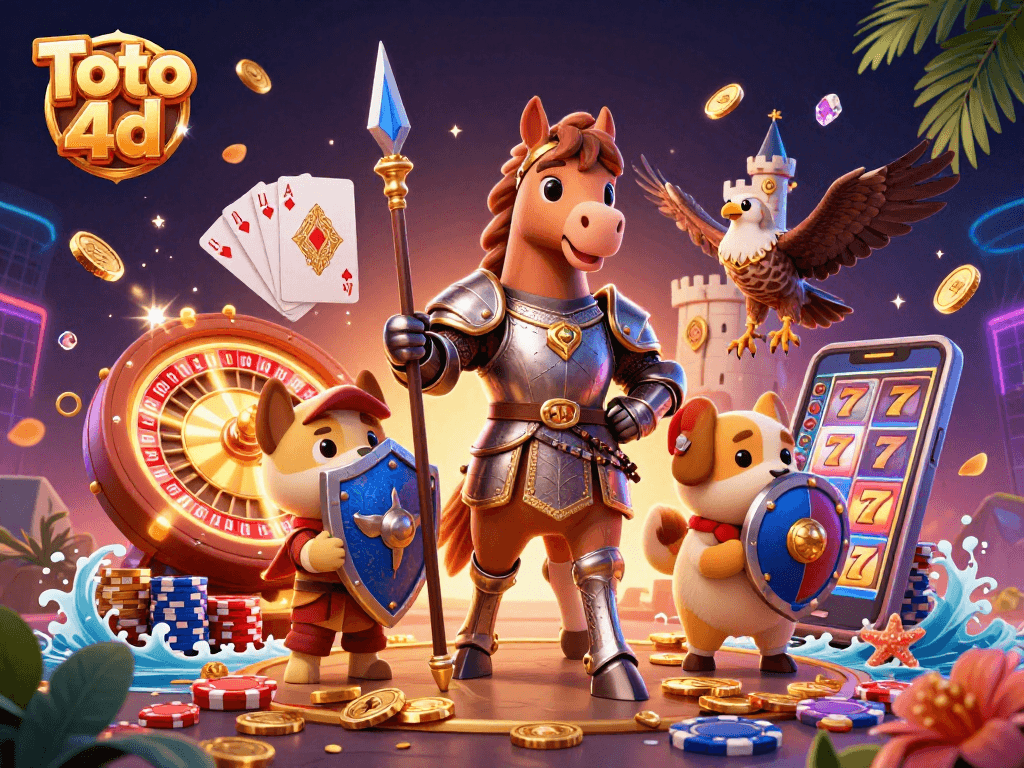 Toto 4d themed illustration showcasing a medieval knight horse, squire puppy, and falcon amidst flying casino coins and glowing gems.