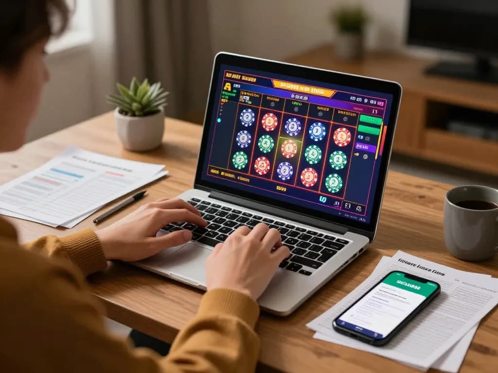 IDCASH88 highlights an engaging online gaming session on a laptop with colorful slot visuals.