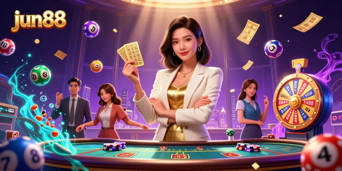 Experience thrilling wins at jun88 with vibrant lottery balls, golden cards, and dazzling casino elements.