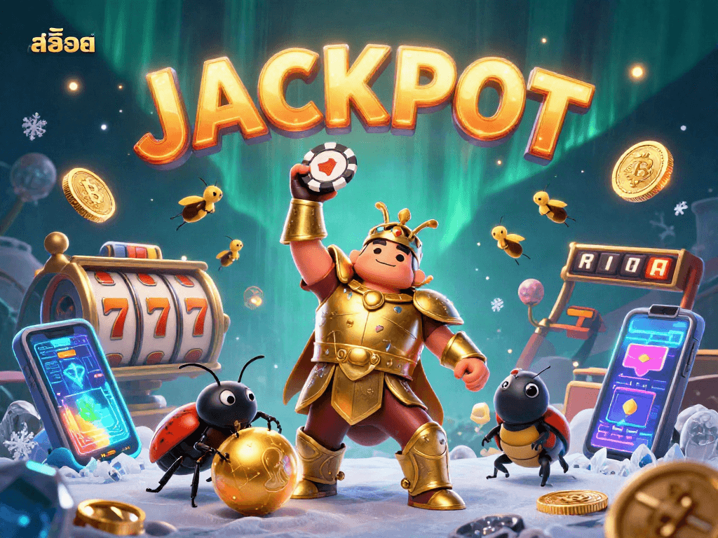 Experience the excitement of สล็อต with a vibrant illustration depicting a victorious beetle amidst casino elements.