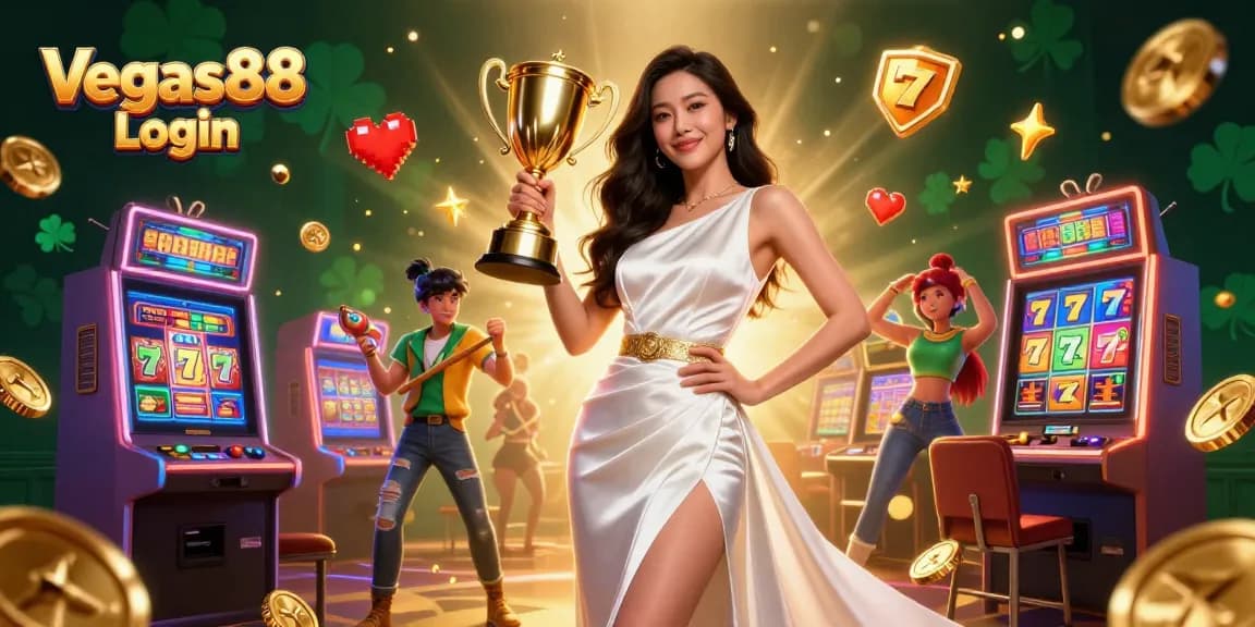 Experience thrilling gameplay with Vegas88 Login, featuring a triumphant Asian woman with a trophy, surrounded by vibrant slot machines.