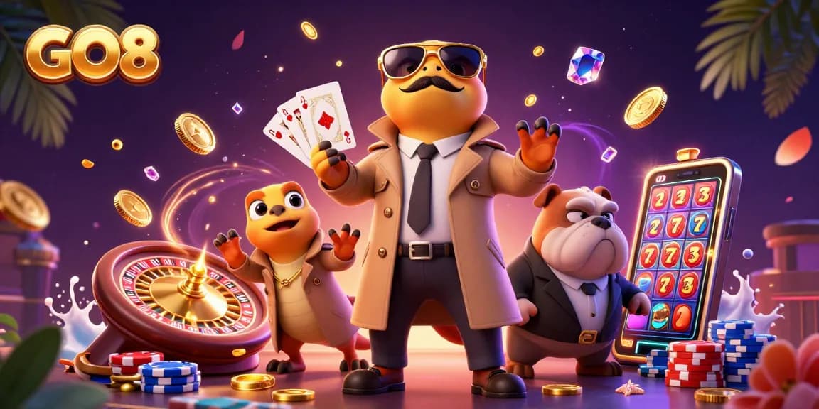 Experience the thrill at GO8's VIP casino where three raptors hilariously disguise themselves, showcasing vibrant casino action.