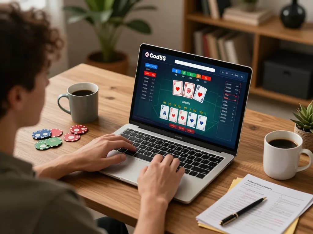Engaging in exciting blackjack gameplay on God55's platform while enjoying a cozy home environment.