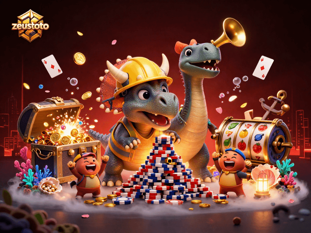 zeustoto revels in a vibrant casino scene featuring a triceratops and celebratory characters amidst rich gaming elements.