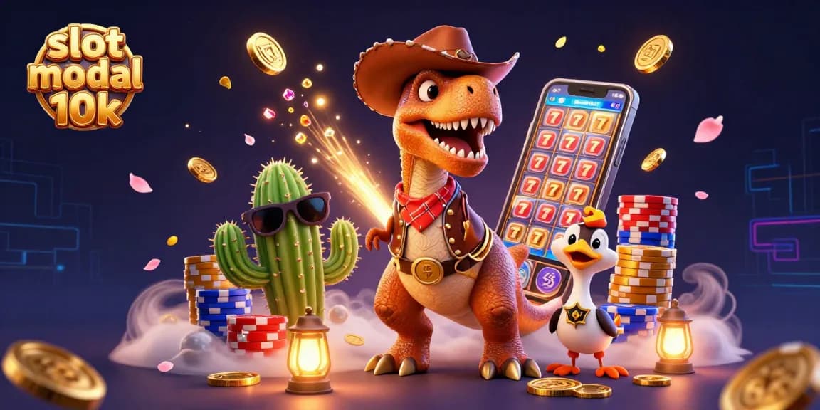 Engage with slot modal 10k in a vibrant 3D casino scene featuring T-Rex, cactus, and roadrunner.