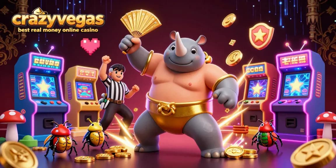 The exciting atmosphere of crazyvegas best real money online casino is brought to life with a sumo beetle champion amidst flying coins and arcade elements.