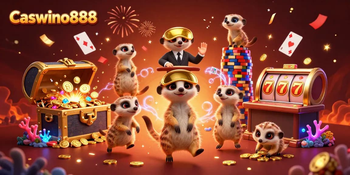Win big at Caswino888, featuring cheerful meerkats running a lively casino set with treasure and dynamic game elements.