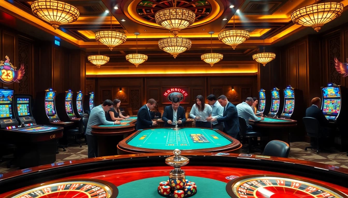 Experience the thrill of gambling at 23win with luxurious casino tables and vibrant slot machines.