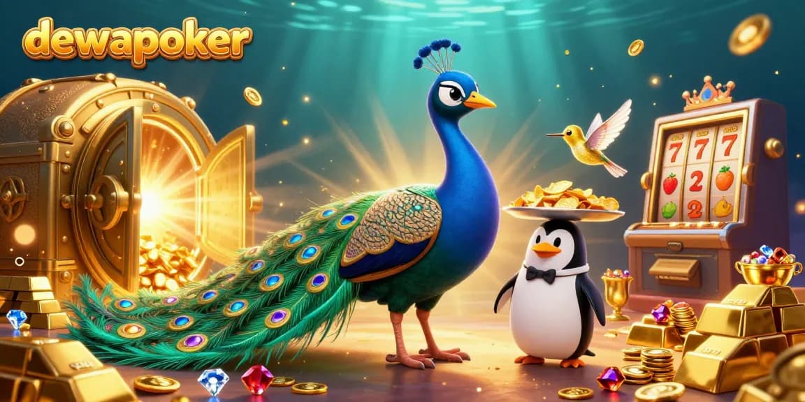 Dewapoker betting scene with a peacock, butler penguin, and hummingbird amidst gold coins and slot machines.