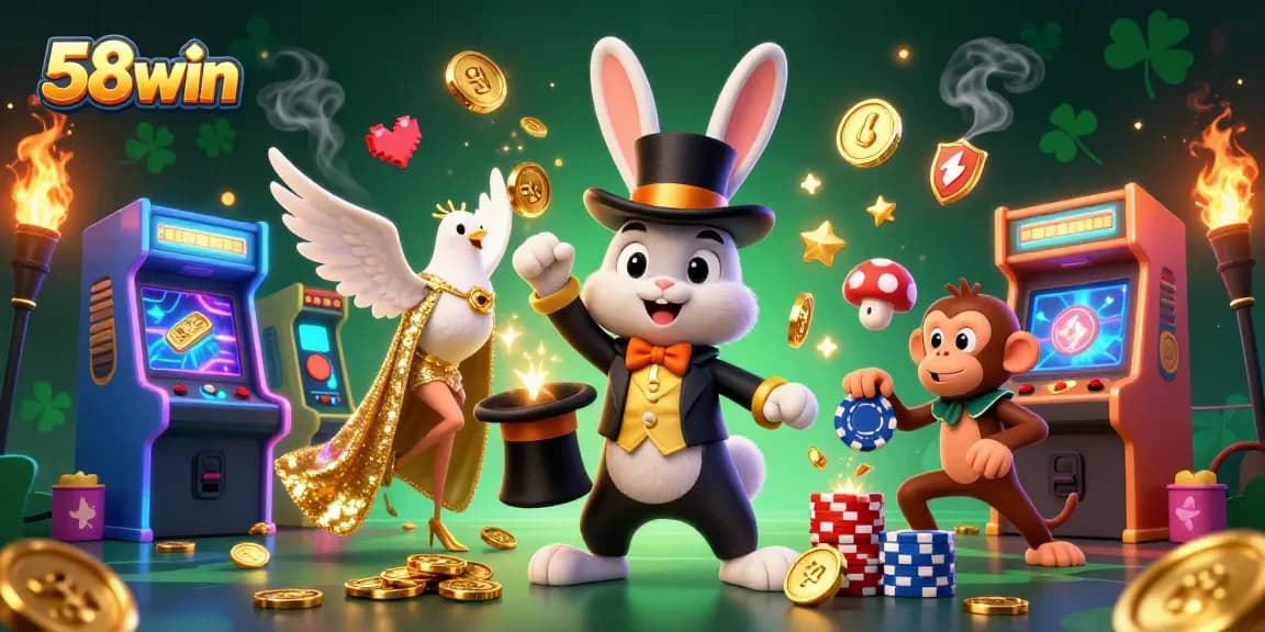Experience the magic of 58win as the rabbit pulls coins, dove shines, and monkey steals amid vibrant casino games.