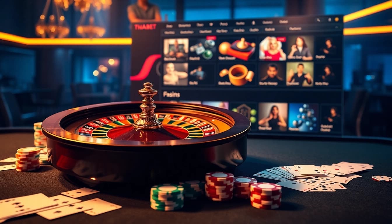 Experience the excitement of gambling at https://thabet.vegas/ with a dazzling casino scene featuring roulette wheels and poker chips.
