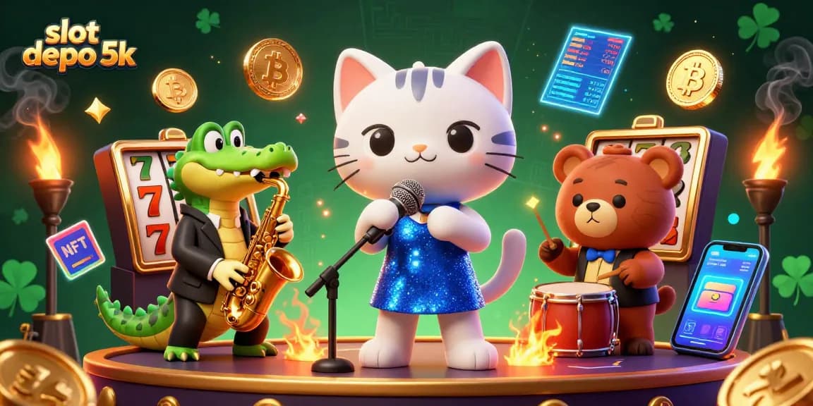 Experience the thrill of slot depo 5k with a vibrant 3D illustration featuring enchanting casino characters and exciting game elements.