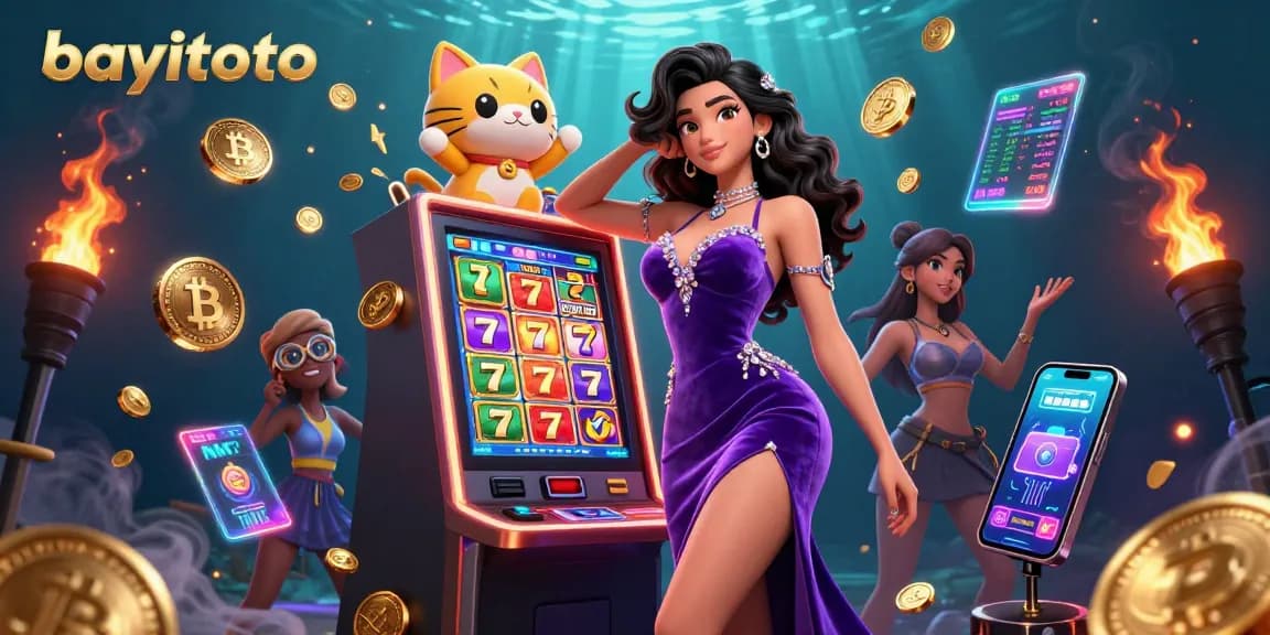 Experience jackpot excitement with bayitoto's dynamic gaming scene featuring a glamorous winner and vibrant slot elements.