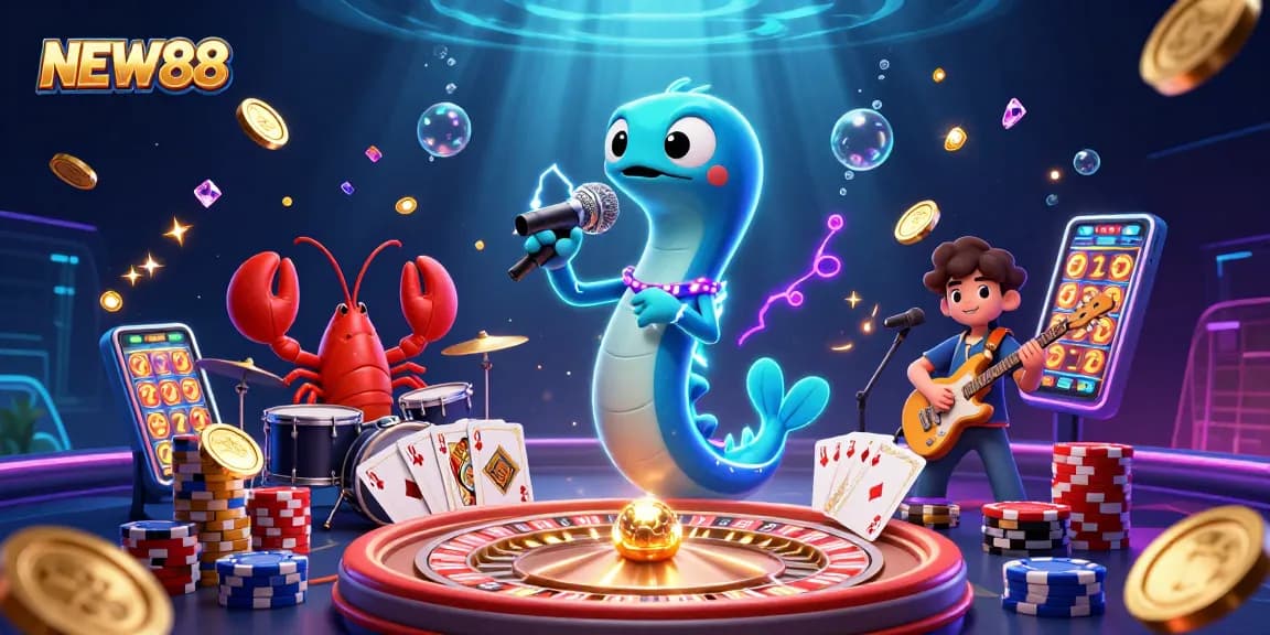 NEW88 showcases an exciting underwater casino scene with electric eel DJing while gold coins cascade around.