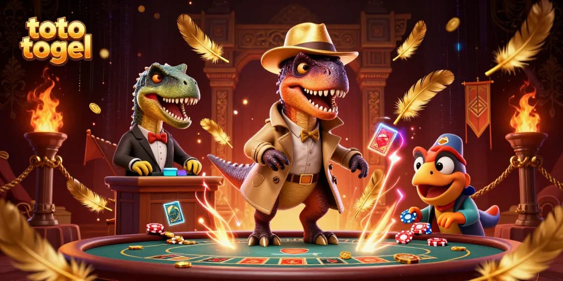 Experience thrilling toto togel action with a crafty velociraptor card counter in an animated casino scene.