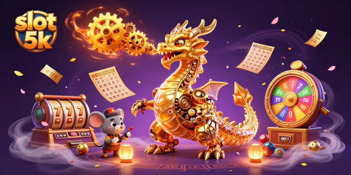 Menghadapi tantangan slot 5k dengan naga emas mekanis dan elemen permainan kasino yang berwarna-warni.