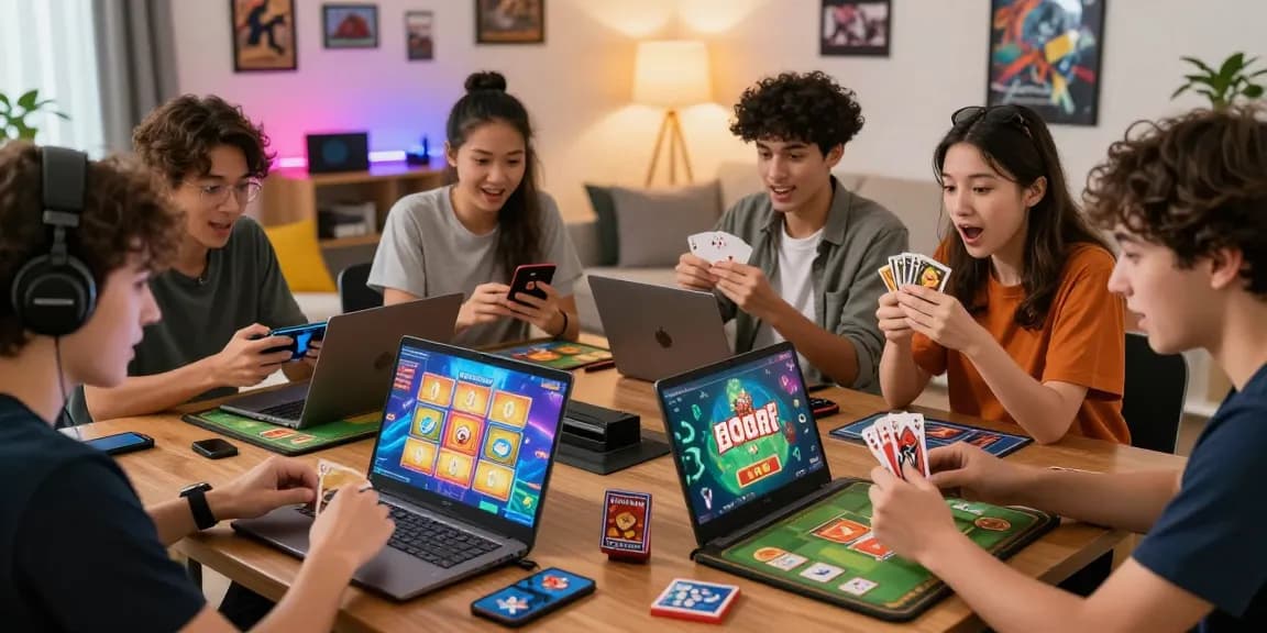 Young adults enjoying online card games at home, celebrating wins with gamebaidoithuong.is graphics in colorful ambiance.