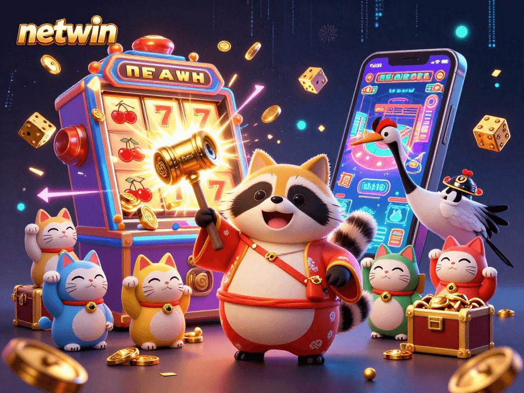 Engage with the vibrant netwin scene showcasing fortune cats and a lucky tanuki at the online casino.