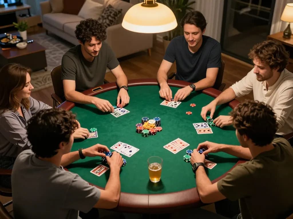okfun home poker night with friends enjoying Texas Hold'em game, vibrant atmosphere and snacks