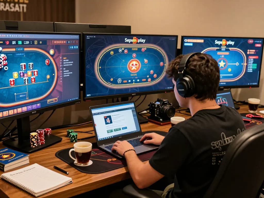 Engaged player strategizing at professional setup using Sepuhplay link for online casino games.