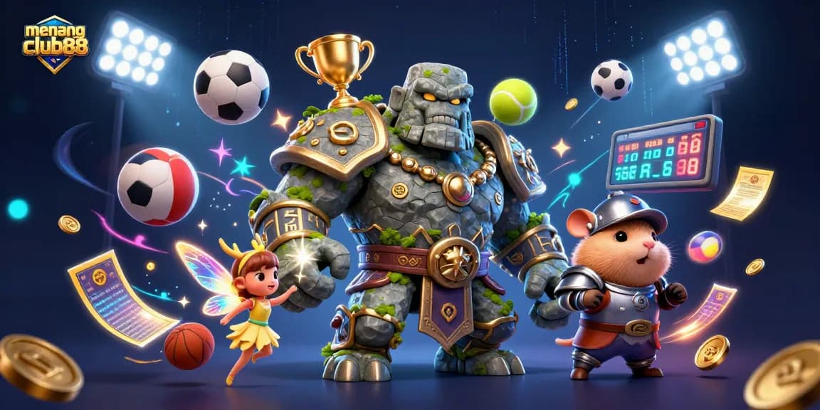 Experience sports betting excitement with menangclub88 in an animated casino scene featuring a magical golem.