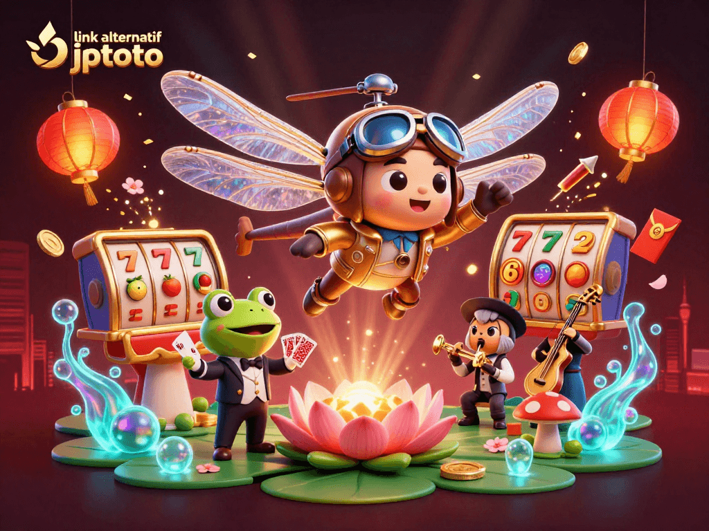 Engage with the vibrant atmosphere of link alternatif jptoto featuring dynamic slot games and joyful music bands under a shining skyline.