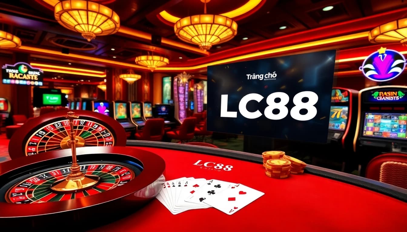 The thrilling scene of Trang chủ LC88 showcasing luxurious casino tables, card games, and vibrant slot machines.