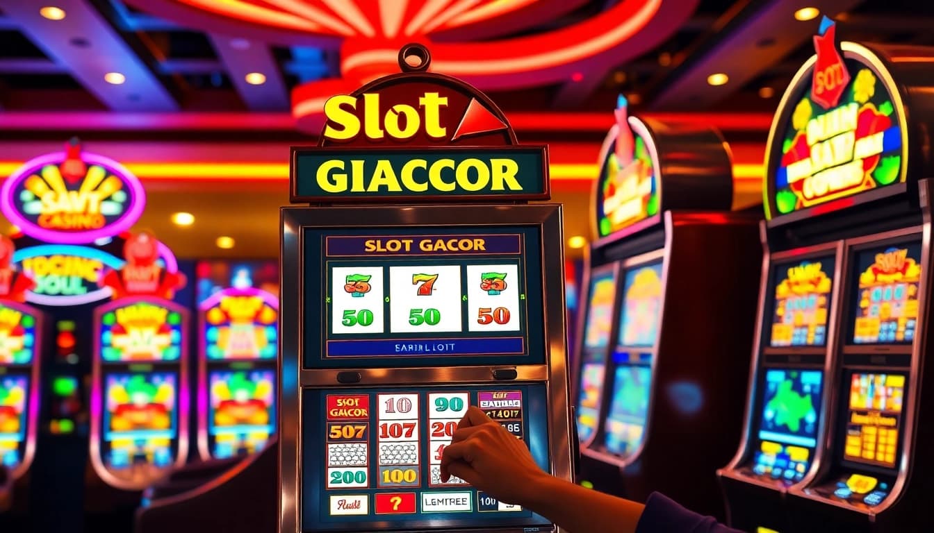 Menarik pemain slot gacor di kasino dengan mesin yang berwarna-warna cerah dan pencahayaan gemerlap.