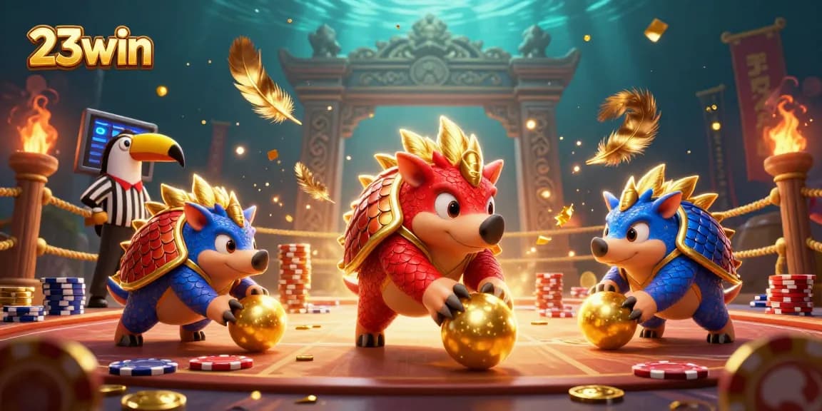 Experience the thrilling action of 23win as pangolins roll into golden balls in an exciting casino scene.