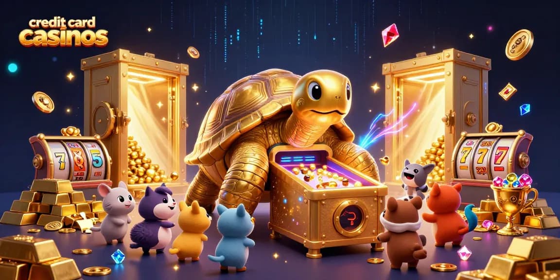 Engage with credit card casinos through a vibrant 3D illustration featuring gold treasure and fun.