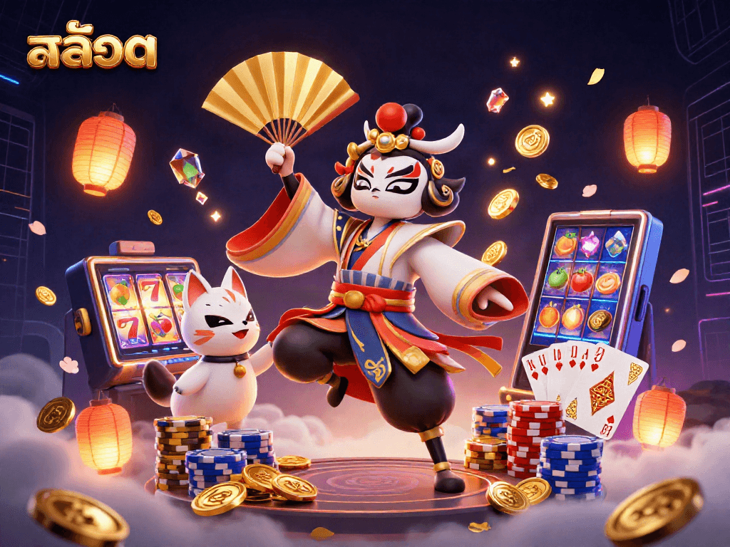 Engage with สล็อต as a vibrant cartoon world of kabuki warriors and slot machines filled with rich details