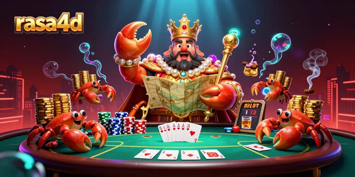 Experience thrilling gameplay with rasa4d, featuring a golden crab emperor amidst vibrant poker action.