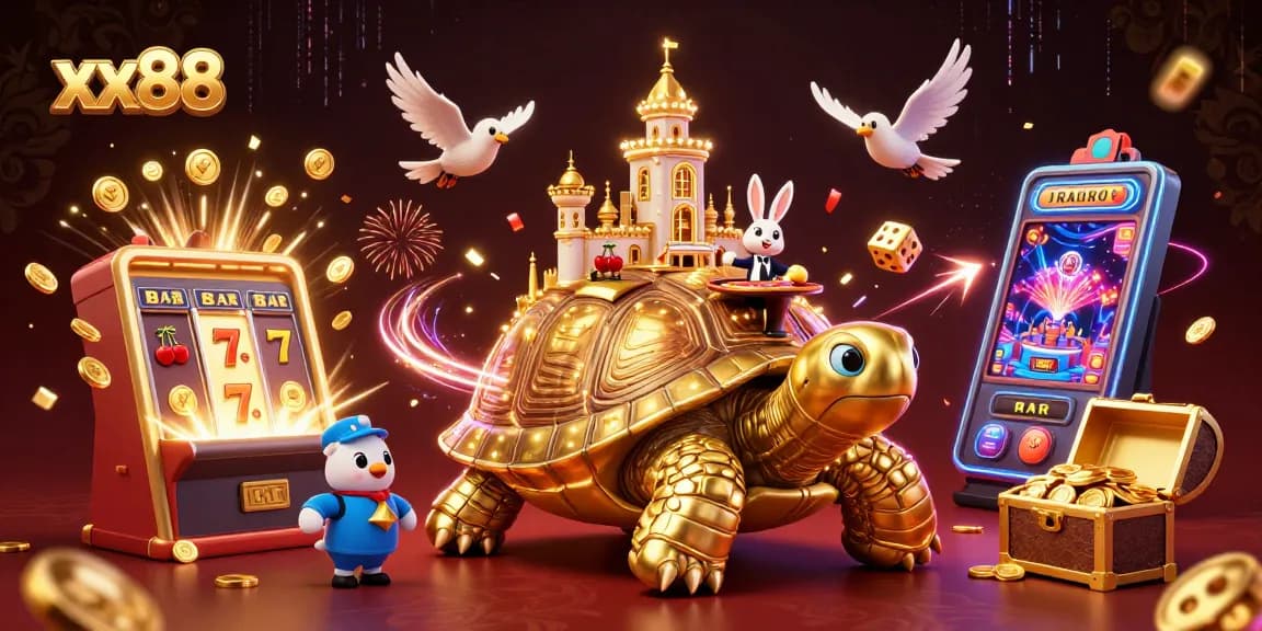 Experience the thrills of xx88 with a vibrant casino scene featuring a golden tortoise hosting games and flying coins.