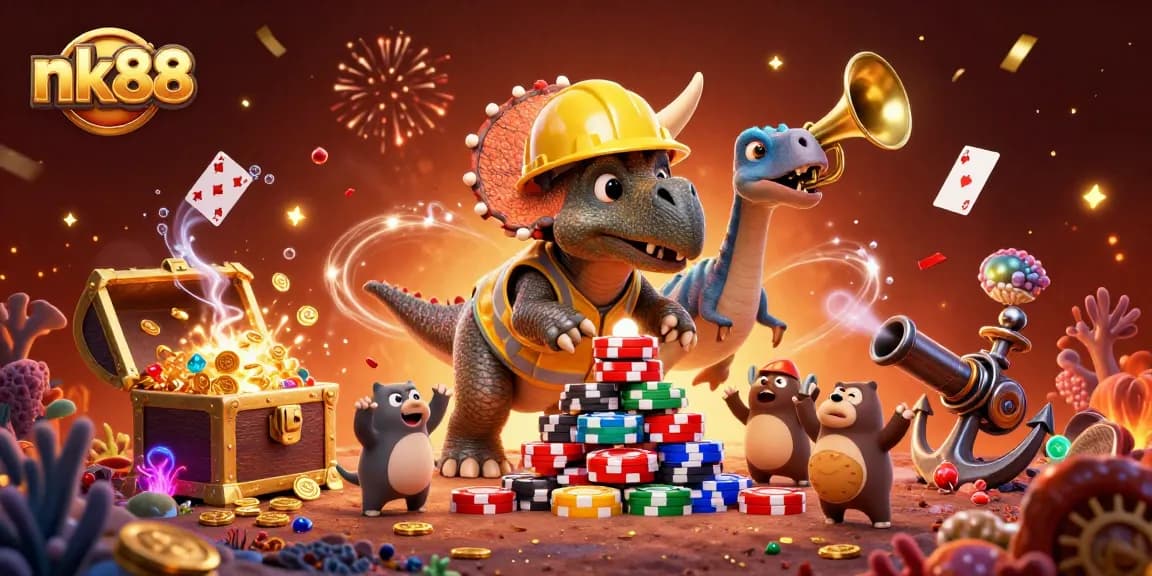 Experience nk88's vibrant celebration with a lively 3D casino-themed illustration featuring unique characters and elements.