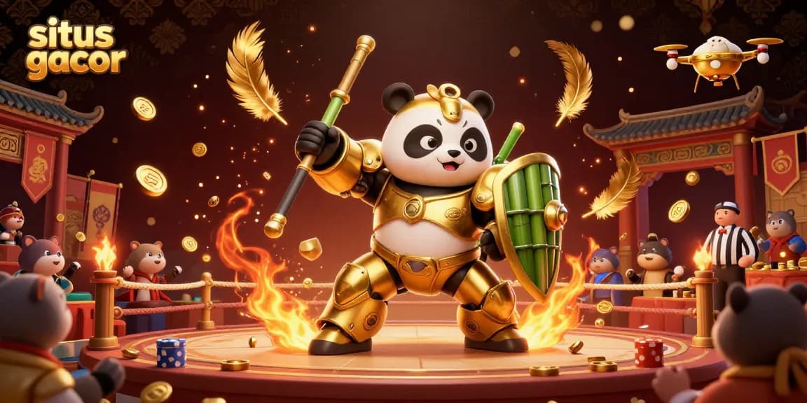 Situs gacor showcases an exciting casino battle with a mech-suit golden panda and bamboo robot in a vibrant arena.