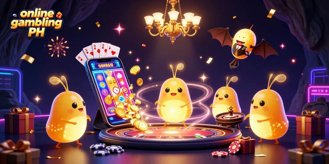 Engage with online gambling PH in a vibrant cave casino featuring glowworms, a bat dealer, and exciting game elements.