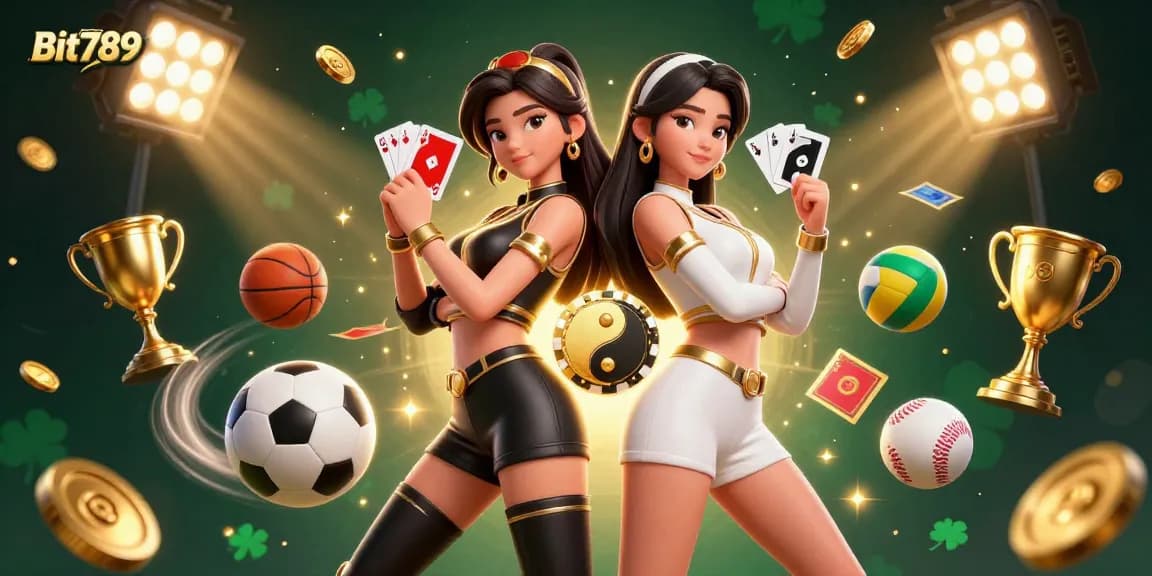 Experience thrilling action at Bit789 with dynamic playing cards and sports elements in a vibrant casino scene.