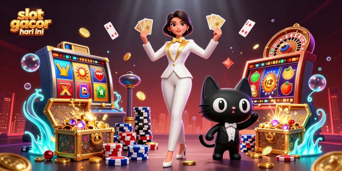 Suasana menarik dengan elemen slot gacor hari ini, menampilkan wanita glamor dan kucing berpakaian tuxedo di tengah visual kasino yang mencolok.