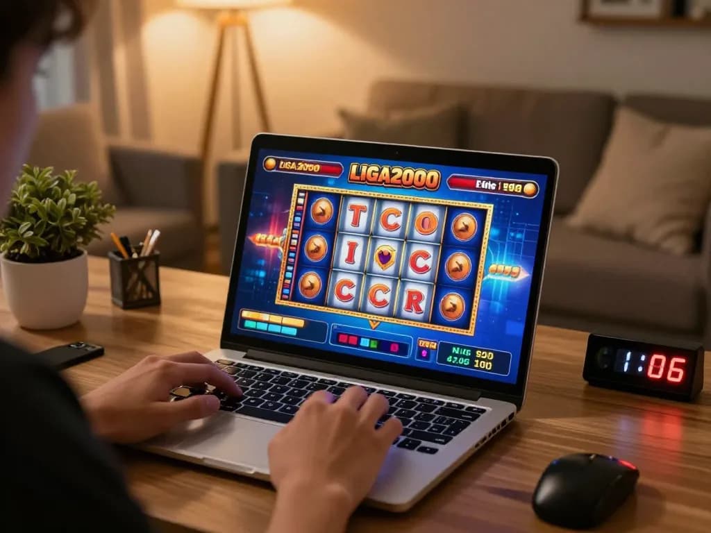 LIGA2000 slot gaming session at home with vibrant screen graphics and responsible gaming tools