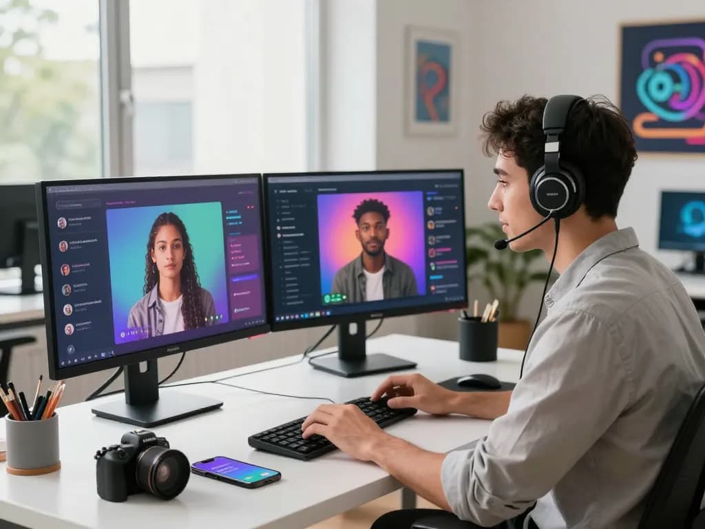 Engaging in an interactive sex chat AI experience in a modern tech workspace.